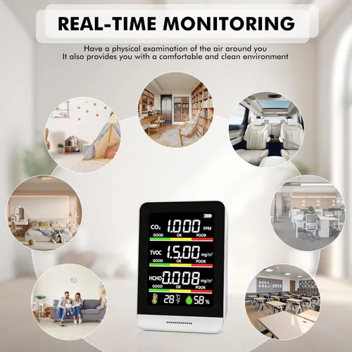 Miniatura 4 de Monitor de calidad del aire para interiores, probador inteligente de calidad del aire 8 en 1 con CO2, TVOC, HCHO, AQI, temperatura y humedad