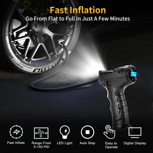 Miniatura 5 de Compresor de aire portátil de 150 PSI para neumáticos de automóvil, inflador digital de neumáticos con linterna LED, bomba automática de 12 V