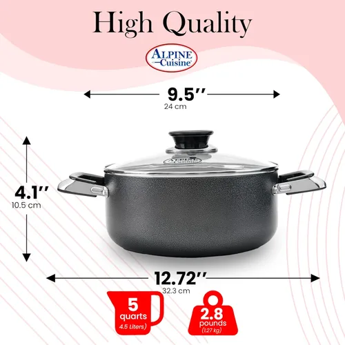 Miniatura 4 de Alpine Cuisine Olla antiadherente de 5 cuartos con tapa de vidrio templado y asas de transporte, utensilios de cocina multiusos, horno holandés