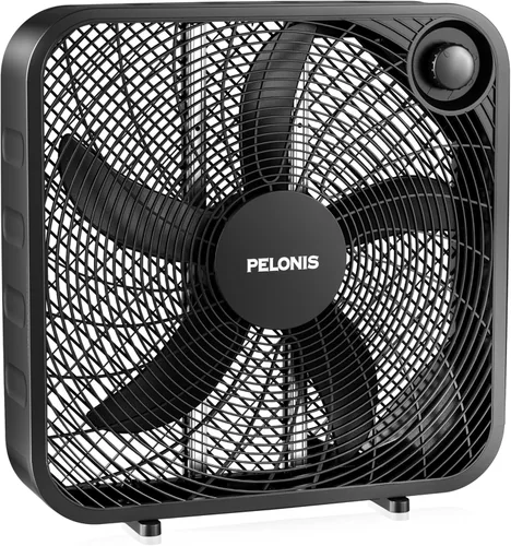 PELONIS Ventilador de caja de 20 pulgadas – 3 velocidades, ventiladores de ventana, para piso o mesa, 25 pies/s, 2025 mejorado, lanzamiento de aire