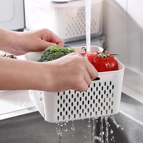 Miniatura 6 de Paquete de 4 recipientes de almacenamiento de alimentos frescos, caja ahorradora de productos de gran capacidad con cestas de drenaje y tapa