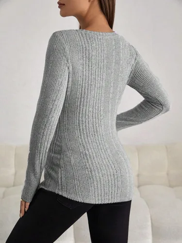Miniatura 2 de MakeMeChic Camiseta asimétrica de punto de manga larga con cuello redondo para mujer