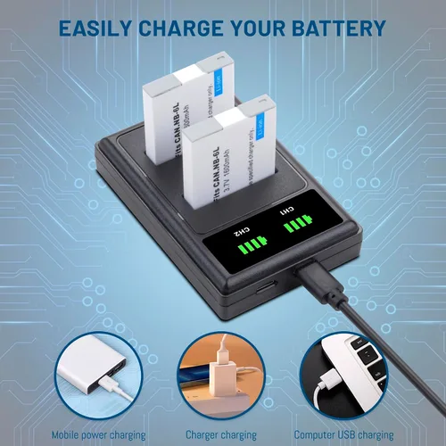 Miniatura 6 de Paquete de 2 baterías NB-6L NB-6LH de 1600mAh con cargador dual para Canon Powershot SX500 es, SX510 HS, SX520 HS, SX530 HS, SX540 HS, SX170 es