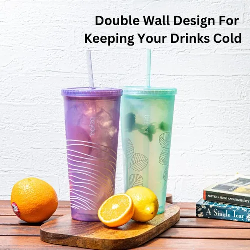 Miniatura 5 de bzyoo SIP - Vaso de plástico de doble pared de 24 onzas (710ml) con tapa y pajita, taza de viaje para bebidas frías reutilizable, café helado, taza
