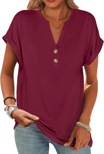 Miniatura 31 de ANRABESS - Camisetas Henley de manga corta para mujer, cuello en V, elegantes, estilo informal, de corte suelto; blusas fluidas de verano, ropa