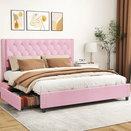 Miniatura 10 de EVLIQUIL - Marco de cama de tamaño matrimonial con 4 cajones de almacenamiento y cabecero, color beige Upholstered Platform Bed Frame with Wood