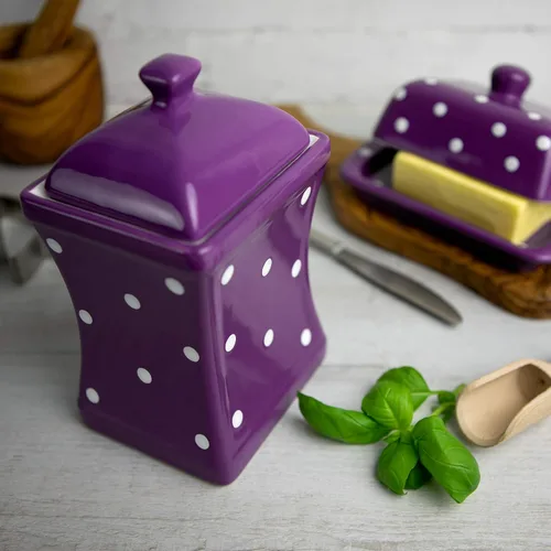Miniatura 5 de City to Cottage Juego de 3 tarros de almacenamiento de cerámica de 31.5 onzas (30.4 fl oz) con lunares morados y blancos hechos a mano, recipientes