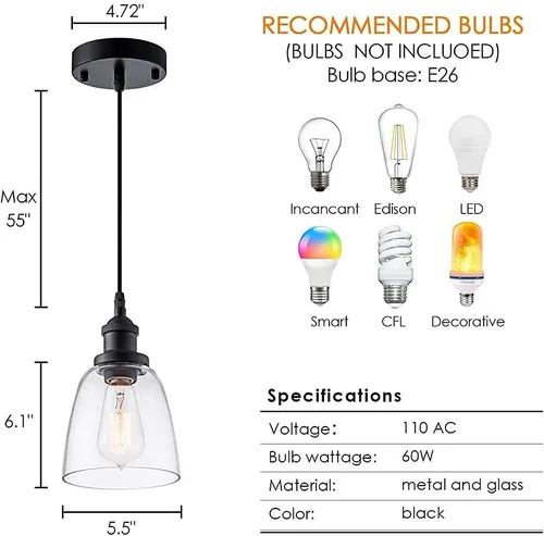 Miniatura 5 de Lámpara colgante sobre isla, iluminación industrial de vidrio transparente, cable ajustable para fregadero, cocina, isla de comedor, negro, 1 paquete