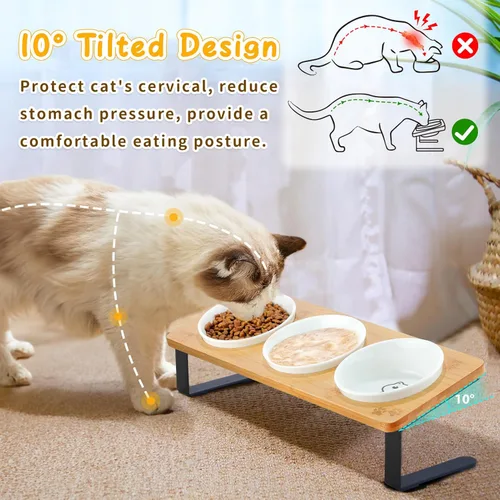 Miniatura 3 de 3 cuencos elevados para gatos inclinados antivómitos de cerámica elevados para alimentos y agua, platos para gatos de interior con soporte