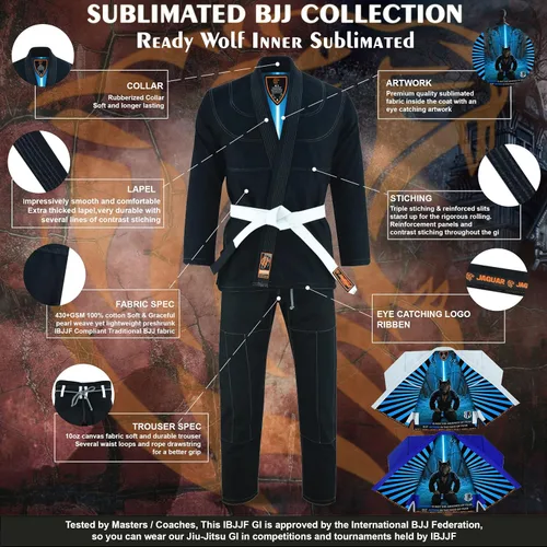 Miniatura 3 de Ready Wolf Inner Sublimated Pro Brazilian Jiu Jitsu BJJ Kimono Gi Uniforme Unisex - Cinturón blanco incluido
