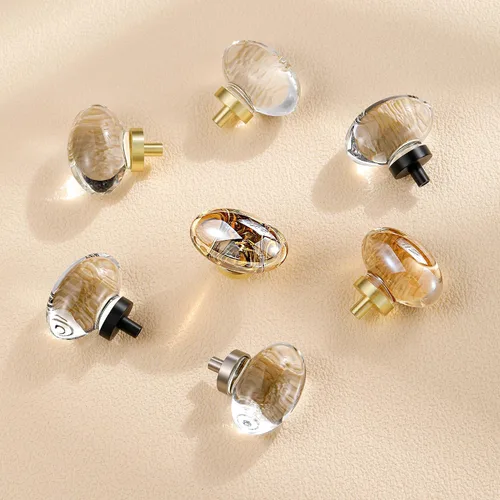 Miniatura 2 de Paquete de 4 pomos y tiradores de cristal para gabinetes, pomos ovalados de cristal para cajones de tocador, pomos de gabinete de cocina negro mate
