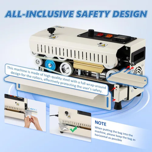 Miniatura 6 de Máquina selladora térmica comercial, sellador automático de banda continua, temperatura y velocidad ajustable, máquina de sellado horizontal de Beige