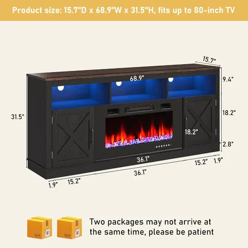 Miniatura 2 de jiteentarou Soporte de TV con chimenea de granja para TV de 70/75/80 pulgadas, centro de entretenimiento de 32 pulgadas de alto con chimenea Negro