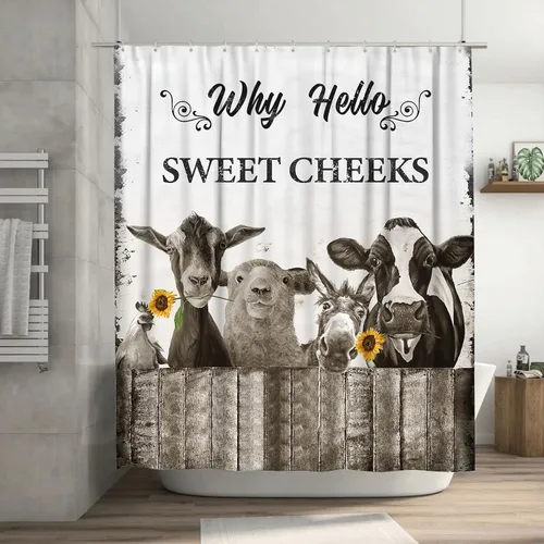 Miniatura 10 de jamie world Cortina de ducha de granja en blanco y negro, divertida cortina de ducha floral de bulldog para baño, cortina de ducha de animales, tela