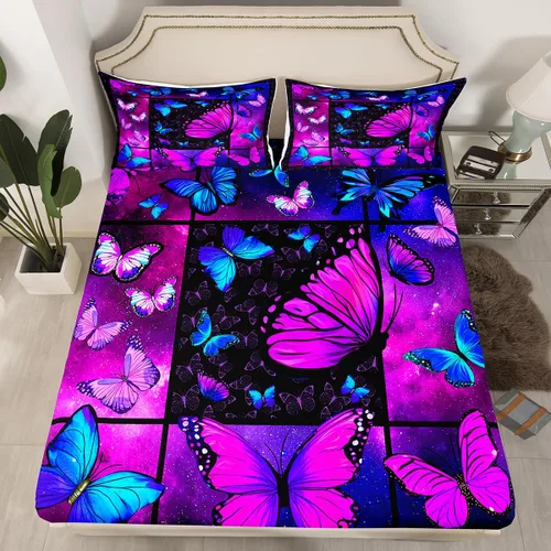 Miniatura 2 de Juego de sábanas de mariposa morada, tamaño Queen, con bolsillo profundo, galaxia mística, juego de ropa de cama de mariposa azul para niños, niñas