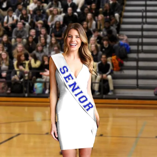 Miniatura 4 de RhinestoneSash Senior Sash Blue - Royal and Silver Sparkle White PREMIUM GRADE SATIN Sahes - High School Team Sports