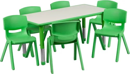 Miniatura 2 de BizChair Juego de mesa de actividades de plástico verde de 23.625 pulgadas de ancho x 47.25 pulgadas de largo, 6 sillas