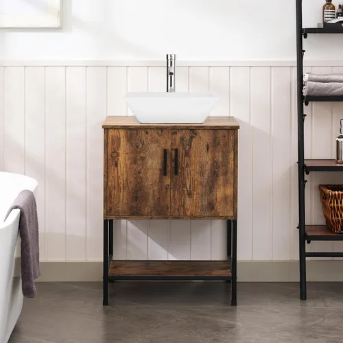 Miniatura 25 de UEV Tocador de Baño de Roble Rústico de 24" con Lavabo, Conjunto de Gabinete de Baño con Marco de Hierro Industrial con Puertas y Estante, con Combo