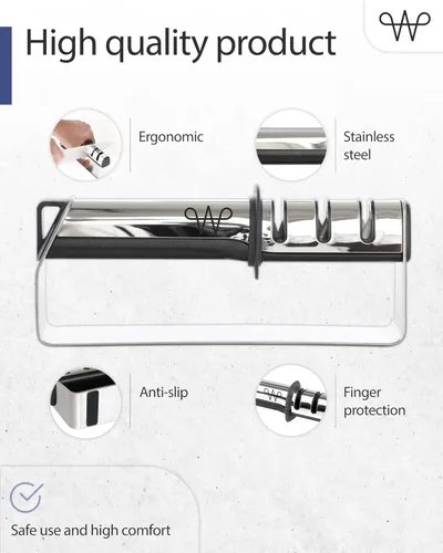 Miniatura 2 de WERTA Afilador de cuchillos de acero inoxidable, afilado de cuchillos de 3 etapas, ideal para cuchillo de chef y cuchillo de cocina, uso zurdo