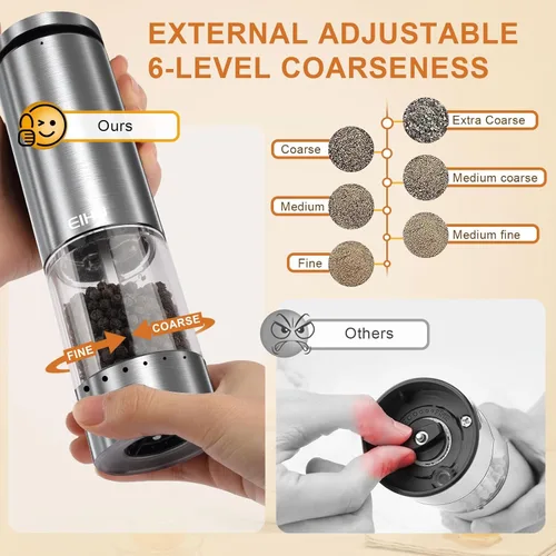 Miniatura 2 de Juego de Molinillo Eléctrico de Sal y Pimienta Recargable, Agitadores Automáticos de Sal y Pimienta Molinos con Grosor Ajustable Externo, Accesorios