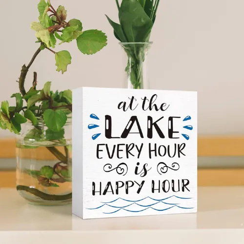 Miniatura 4 de Letrero de madera con texto en inglés "Lake Every Hour is Happy Hour", decoración de escritorio para el hogar, dormitorio, oficina, escritorio