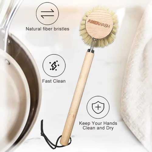 Miniatura 4 de AMERWASH PLUS Cepillo para platos con mango de madera, cepillo de cocina natural para platos, verduras, ollas y sartenes, limpiador de cerdas
