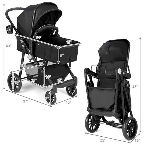 Miniatura 7 de Baby Joy - Cochecito de bebé, 2 en 1 convertible para cochecito de bebé, cochecito con cubierta para pies, soporte para tazas, gran espacio de Negro