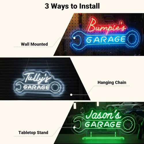 Miniatura 4 de Letrero de neón personalizado para garaje, letrero de luz LED personalizado con forma de llave inglesa, decoración de pared de taller de mecánica