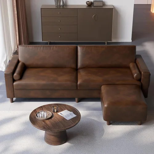 Miniatura 13 de Vesgantti Sofá de piel sintética de 100 pulgadas con otomana móvil, asiento ancho en forma de L, sofá de piel sintética con bolsillo lateral, cómodo