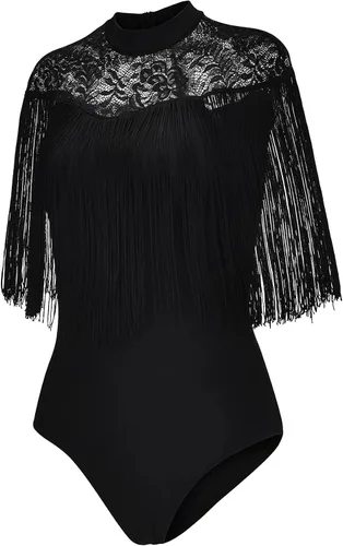 Miniatura 4 de Maillot de rendimiento con flecos para mujer, Sofia - Leotardo negro con flecos y canesú de encaje elástico