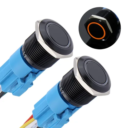 Miniatura 20 de 2 piezas de interruptor de botón de cierre antivandálico de metal impermeable de 0.630 in, carcasa negra autobloqueante con enchufe precableado