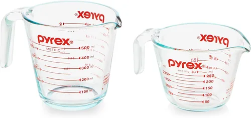 Pyrex Essentials - Juego de 2 tazas medidoras de vidrio, (1 y 2 tazas) tazas medidoras para preparar, hornear y cocinar, horno precalentado,