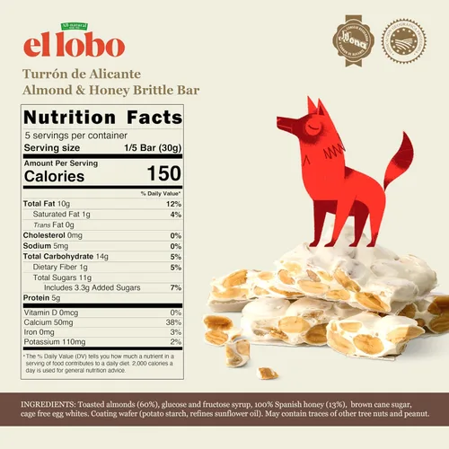 Miniatura 2 de El Lobo Turrón, Turrón de almendras duras españolas (Turron Duro) 150 g (5.3 oz) Turrón tradicional de almendras españolas, hecho con almendras