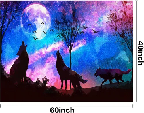 Miniatura 2 de HVEST Tapiz de lobo púrpura azul psicodélico cielo estrellado tapices luna y montañas paisaje natural para colgar en la pared para dormitorio, sala