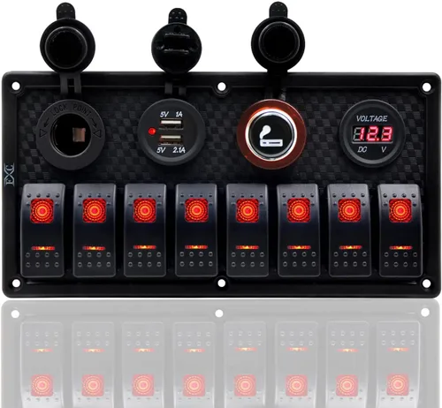 Miniatura 8 de KAOLALI Panel de interruptor basculante de 8 bandas, 12 V, 24 V, impermeable, con doble USB, encendedor de cigarrillos, voltímetro, LED azul