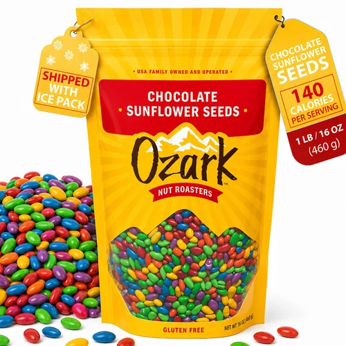 OZARK NUT ROASTERS: Semillas de girasol de chocolate, aperitivos cubiertos de chocolate, semillas de girasol confitadas gourmet de clase mundial,