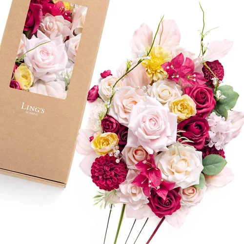 Miniatura 23 de Ling's moment Caja de Flores Falsas, Tallos de Vegetación Artificial Falsa, Rosas de Espuma, Gardenias, Hortensias de Seda, Ranúnculos, Flor de Tela
