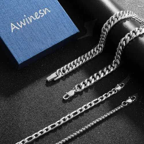 Miniatura 2 de Pulsera de plata para hombre, pulsera de eslabones cubanos de acero inoxidable, cuerda resistente, juego de pulseras de cadena cubana Figaro