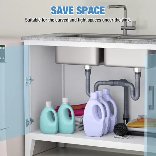 Miniatura 3 de NiHome Kit de drenaje flexible P-Trap para fregadero de cocina doble, tubo de drenaje de aguas residuales universal de 1-1/2 o 1-1/4 pulgadas