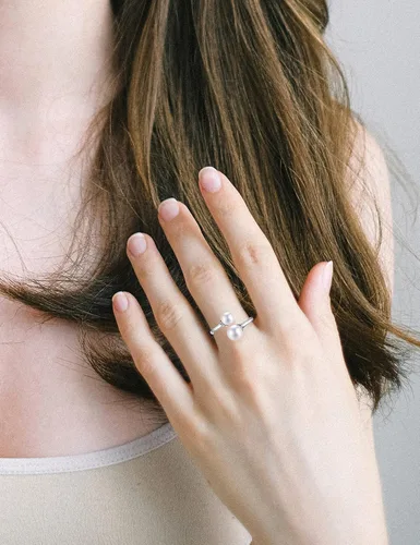 Miniatura 4 de Anillo de 2 perlas de plata de ley con perlas dobles para mujer, anillos de piedra natal de junio ajustable 925 para adolescentes y niñas con piedra
