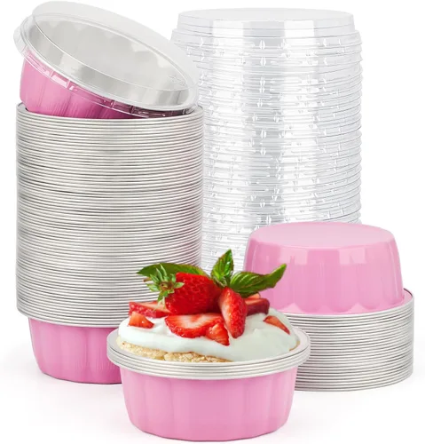 Miniatura 30 de Beasea Ramequines con tapas, 8oz 50 unidades de tazas de aluminio desechables para hornear, tazas de papel de aluminio plateado para creme brulee