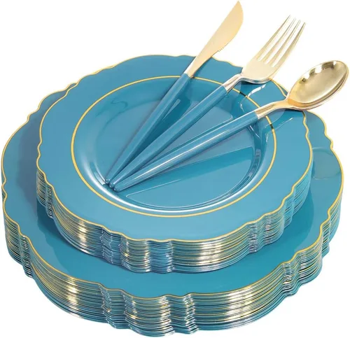 NERVURE - 102 platos de plástico dorados, diseño de cristal transparente, desechables, para fiestas de boda; incluye 51 platos de plástico para cena