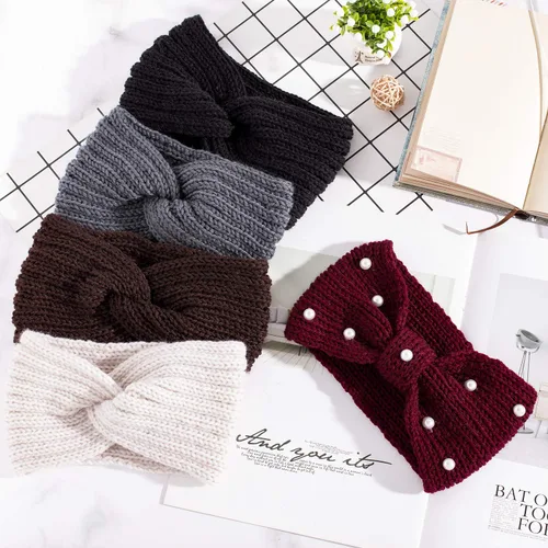 Miniatura 4 de Whaline - 5 diademas tejidas de invierno, diademas mullidas tejidas, 4 envolturas de turbante elásticas y 1 banda de pelo de ganchillo de perla