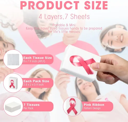 Miniatura 2 de Ireer 50 pañuelos de bolsillo de cinta rosa para concienciación sobre el cáncer de mama, papel de seda de viaje, pañuelo facial de viaje, mini Blanco