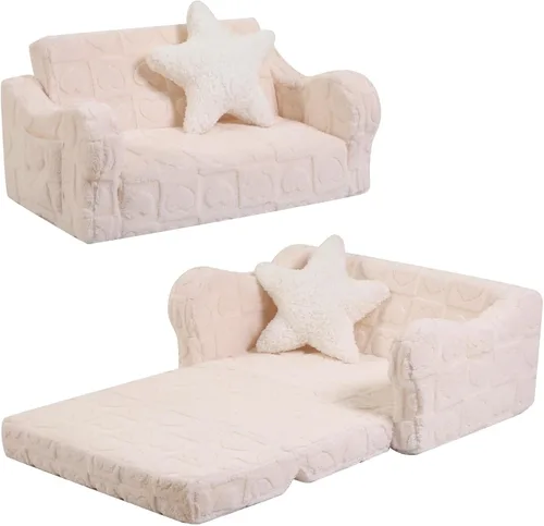 Miniatura 10 de MOMCAYWEX Sofá para bebé, 2 en 1, sofá suave para niños plegable con almohada de estrellas, sofá plegable para convertir en sofá cama, extra ancho