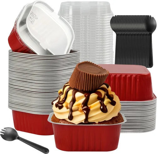 Moldes para hornear con tapas, 30 PCS moldes cuadrados mini para pasteles de 10 oz con tapas, recipientes desechables para cupcakes, moldes