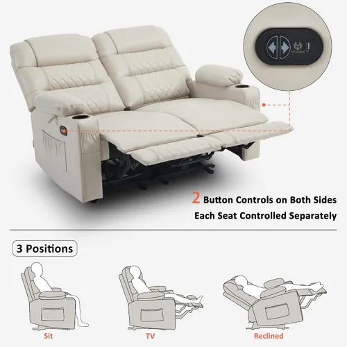 Miniatura 4 de MCombo Sofá reclinable eléctrico de gravedad cero de 56.3 pulgadas con masaje de calor y vibración, sofá biplaza reclinable con puertos USB, Gris