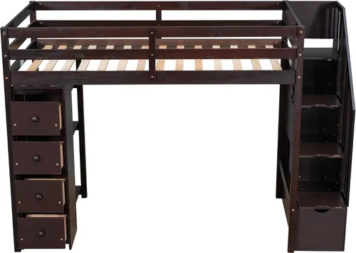 Miniatura 4 de Cama alta moderna con cajones de almacenamiento y escaleras, cama de madera tamaño individual con estantes y barandillas, para niños, niñas