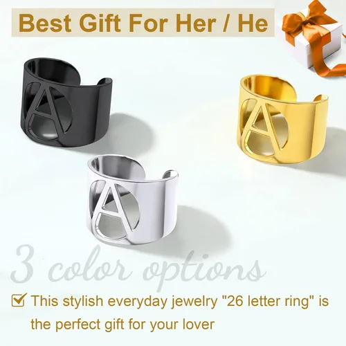 Miniatura 4 de KeyStyle Bold Initial Letter Rings Adjustable, GoldChic Jewelry Women Gold Statement Ring Personalized Engraved Womens Open Signet Ring for Party