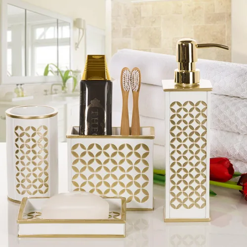 Miniatura 2 de Creative Scents Diamond Lattice White - Juego de accesorios de baño decorativos de 4 piezas que incluye: dispensador de jabón, soporte para cepillo